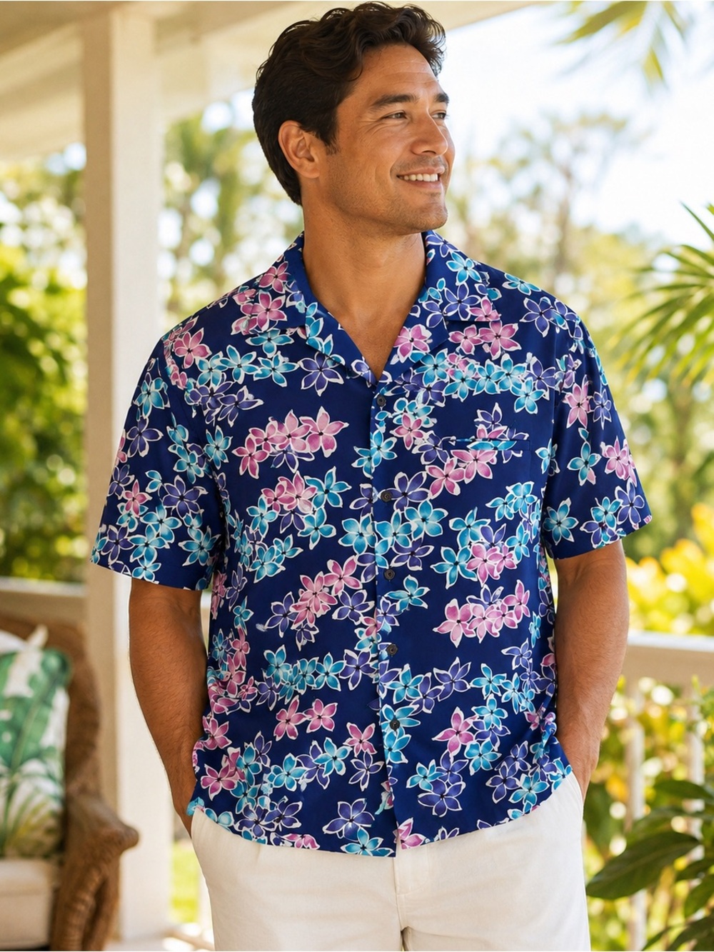 Vintage Hilo Hattie Aloha Shirt L Royal Blue Floral Hawaiian Camp Shirt